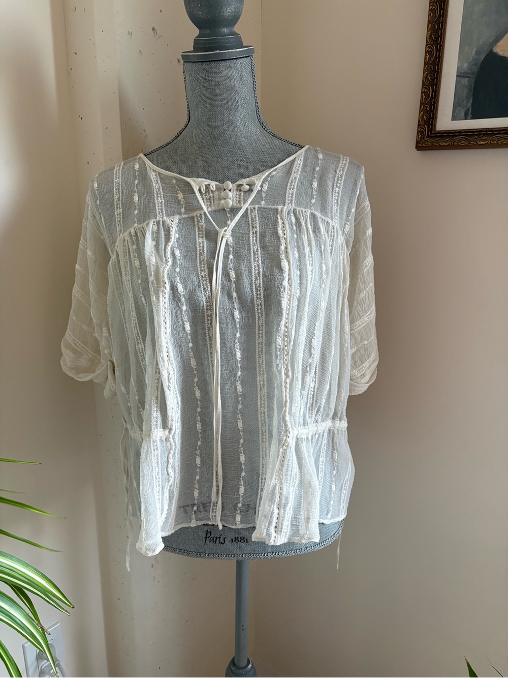 Kookai Ivory Sheer Tie-Neck Short Sleeve Blouse